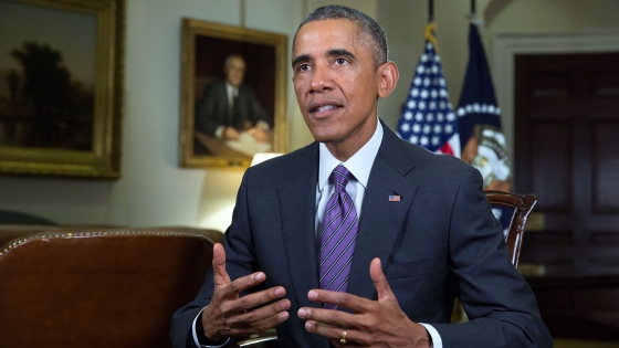 President Barack Obama tapes the Weekly Address in the Roosevelt Room of the White House, Aug. 29, 2014.