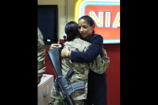 National Security Advisor Susan E. Rice hugs a soldier at the Niagara DFAC at Kandahar Airfield