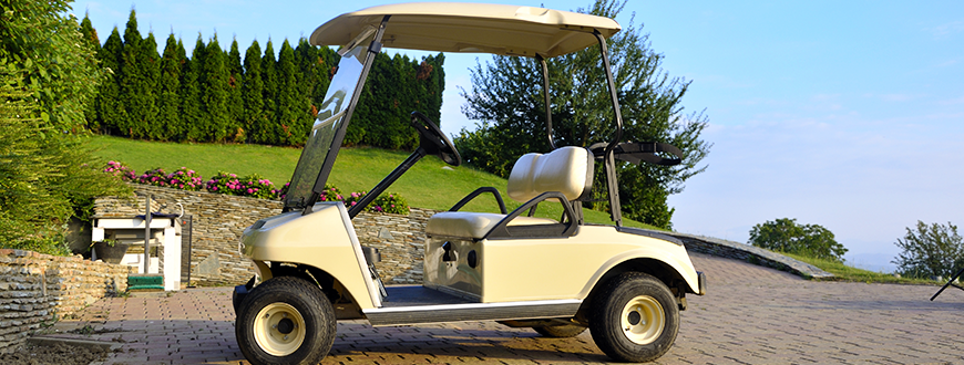 Golf cart parked near a hilly area with trees.