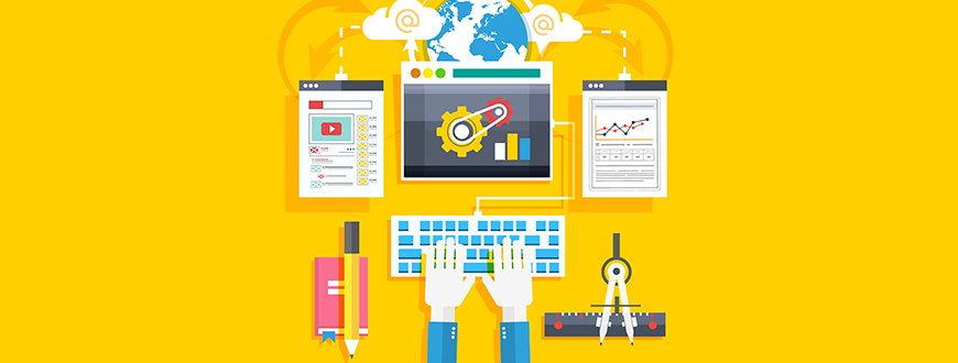 Vector image concept of online education: hand on computer keyboard, notepad, compass, yellow background