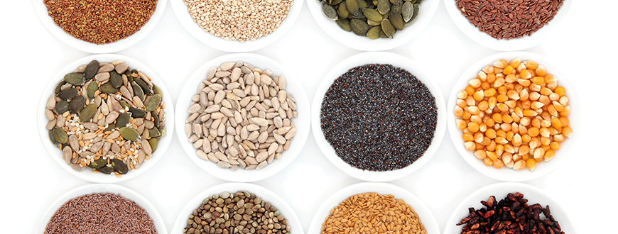 close up of bowls of a variety of seeds