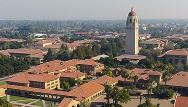 Aerial overview of campus, including Hoover Tower