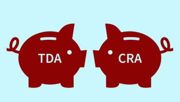 Vector image of two red piggy banks facing each other, one labelled TDA, the other labelled CRA.