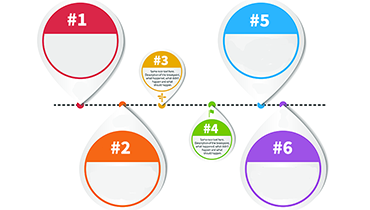 Project timeline with multicolored callouts numbered 1-6