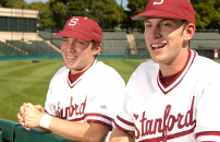 Two players on Stanford's baseball team on the field.