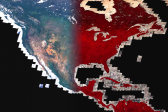 Map of the United States created from Google Earth Engine data showing higher vegetation on the eastern side of the country in red