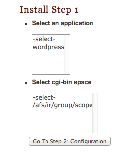 select the WordPress application and the cgi-directory where you will install WordPress   