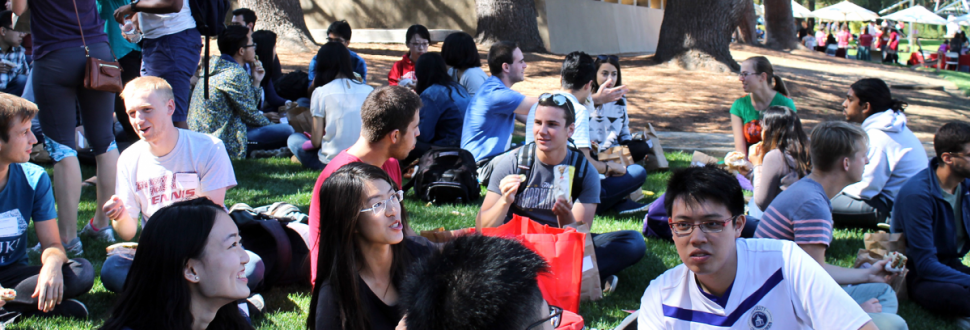 students sitting on a lawn and talking