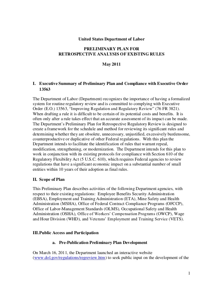 Department of Labor Preliminary Regulatory Reform Plan