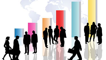 Silhouettes of business people with colorful bar graphs and light gray world map in background.
