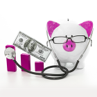 Pink piggy bank wearing glasses and stethoscope next to bar graph and dollar bill