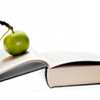 Green apple on stop of book page