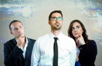 Two male and one female professionals in business attire pondering, with techy images swirling above their heads