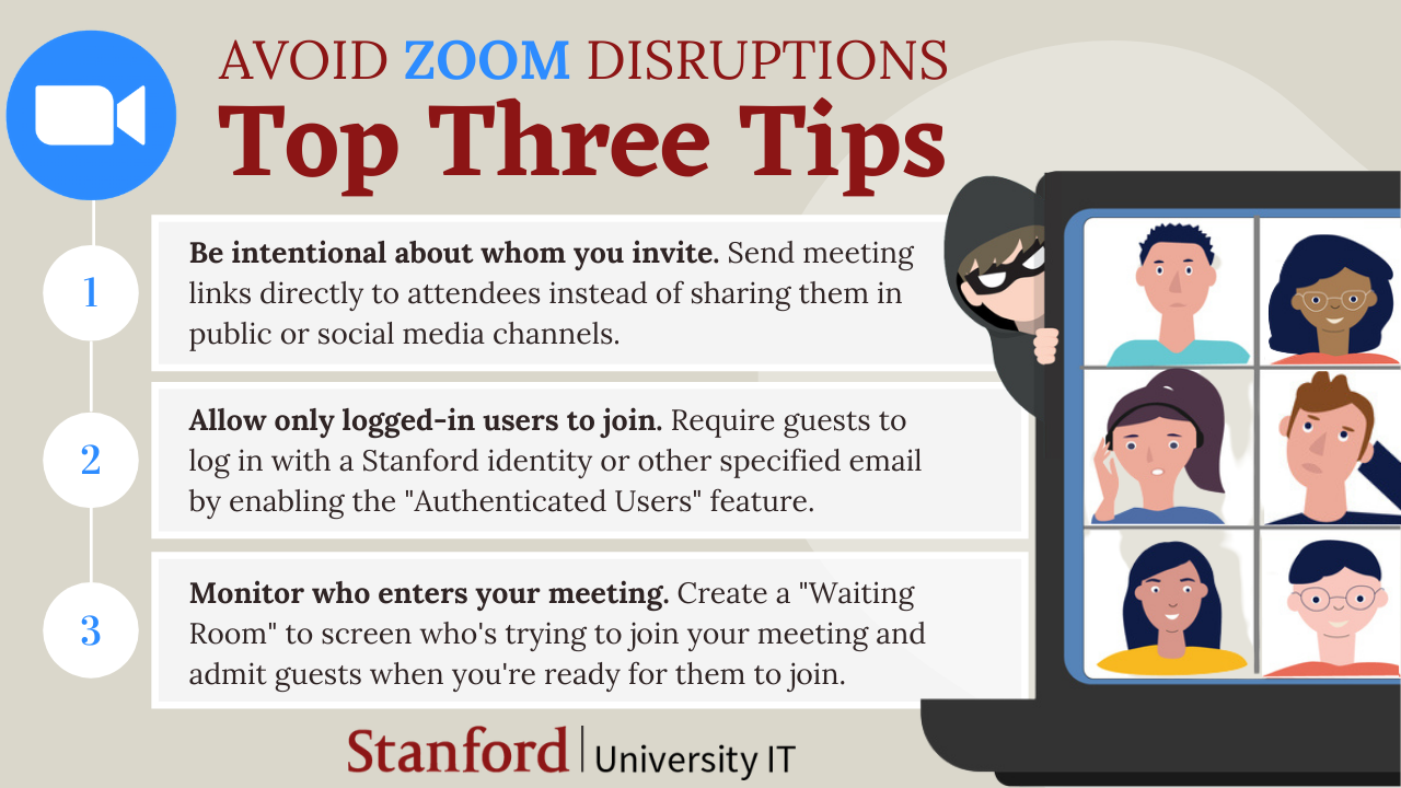 Infographic showing top three tips to avoid Zoom disruptions. Described below.