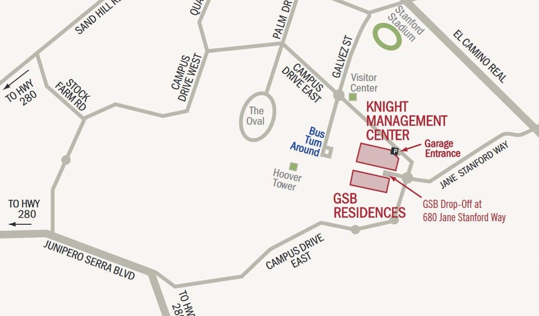 Stanford University map featuring the Knight Management Center