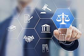 Legal advice service concept with lawyer working for justice, law, business legislation, and paperwork expert consulting, icons with person in background