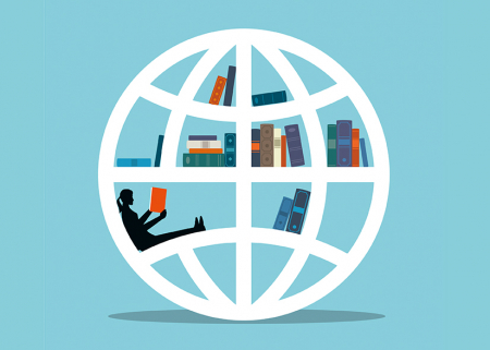 illustration of globe with books and a girl reading