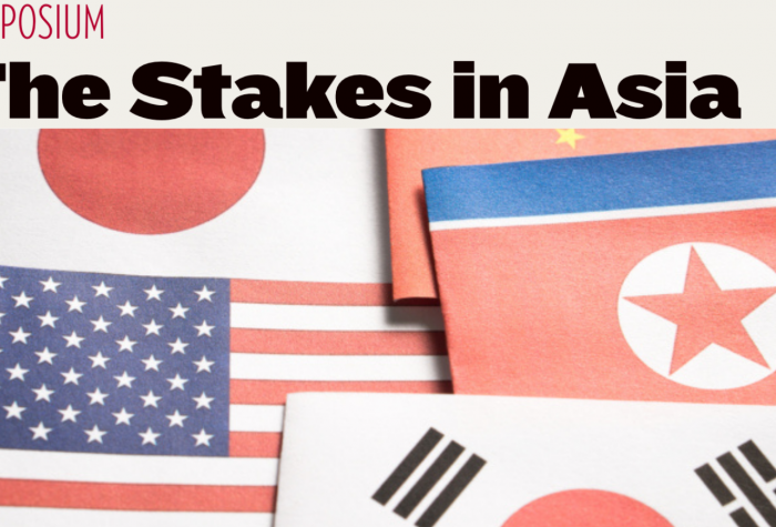 Flags of Asian states and text "Symposium: The Stakes in Asia"