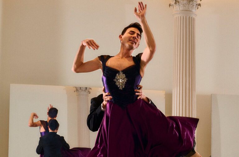 Alejandro Gonzalez is lifted by Haojun Xie in a rehearsal of Les Ballets Trockadero de Monte Carlo, whose season at the Joyce Theater begins on Tuesday.