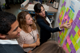 Three people and post its on board